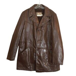 Vintage Sears Mens 2XL Brown Leather Coat Heavy Warm Zip-Out Faux Fur Lining